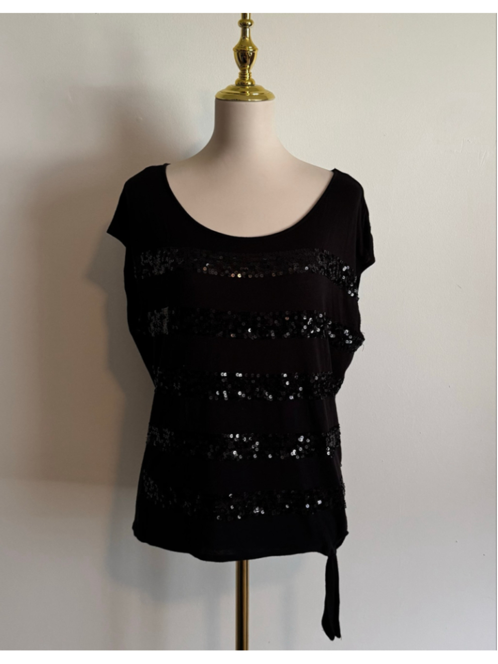 Women's INC International Concepts Black Sequin Striped Short Sleeve Tee Size L